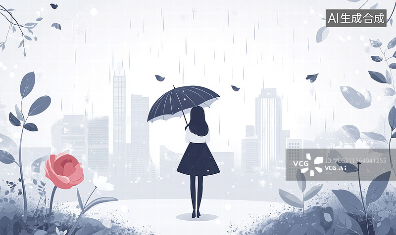 【AI数字艺术】雨中城市剪影图片素材