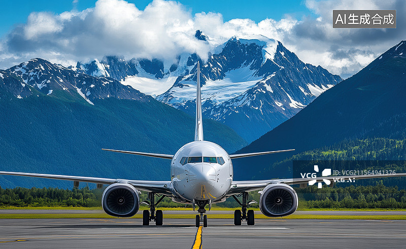 【AI数字艺术】雪山下的飞机起飞图片素材