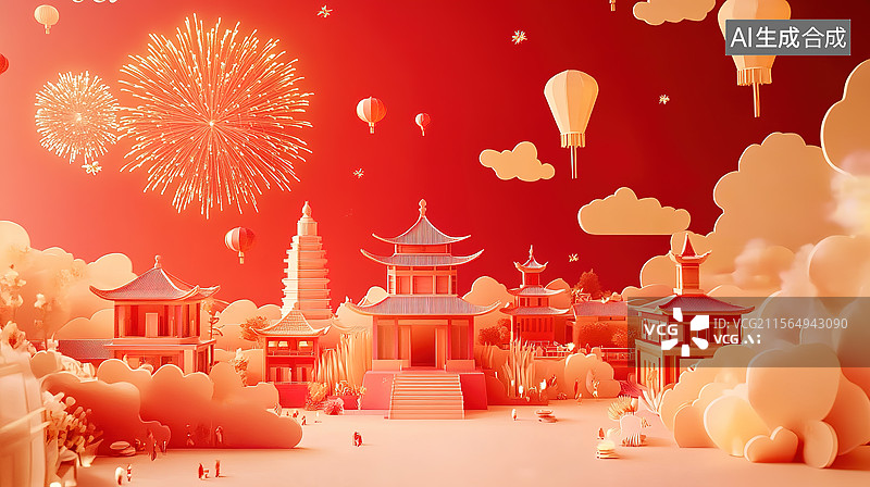 【AI数字艺术】喜庆红色背景下的中国传统门楼和烟花图片素材
