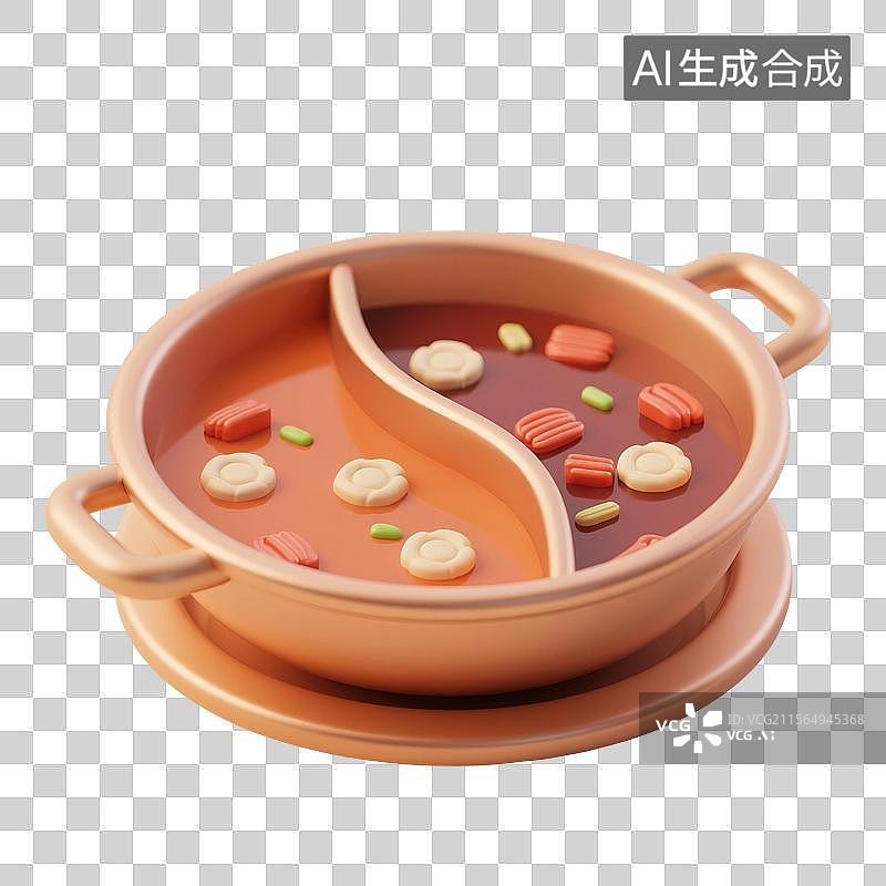 【AI数字艺术】3D渲染，卡通火锅，鸳鸯锅，鸳鸯火锅，川味火锅，重庆火锅，中国传统美食免抠元素图片素材