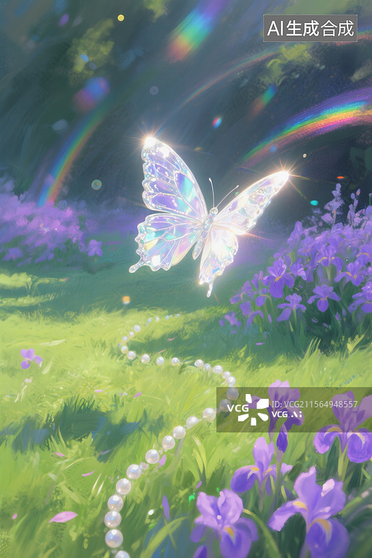 【AI数字艺术】印象派笔触绿草地场景，紫色花丛蒸腾彩色光雾，珠光白蝴蝶悬浮半空，翅膀镶嵌水晶光泽图片素材