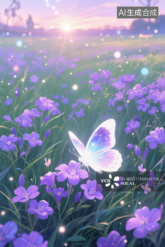 【AI数字艺术】梦幻风手绘草地全景，荧光紫罗兰野花簇蓬勃生长，珠光白蝴蝶停驻花瓣图片素材