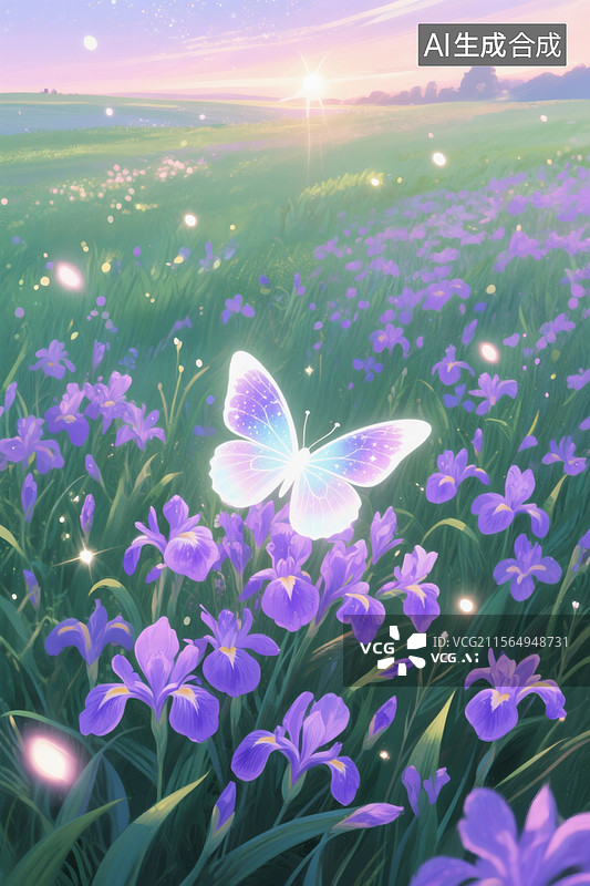 【AI数字艺术】梦幻风手绘草地全景，荧光紫罗兰野花簇蓬勃生长，珠光白蝴蝶停驻花瓣图片素材