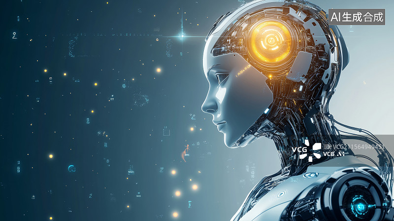 【AI数字艺术】仿生智能头部中芯片运作散发能量光芒图片素材