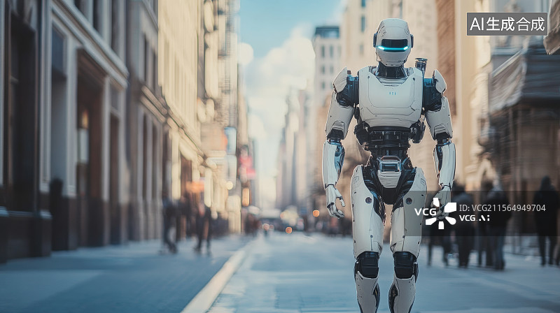 【AI数字艺术】机器人穿行在人类密集的商业街区图片素材