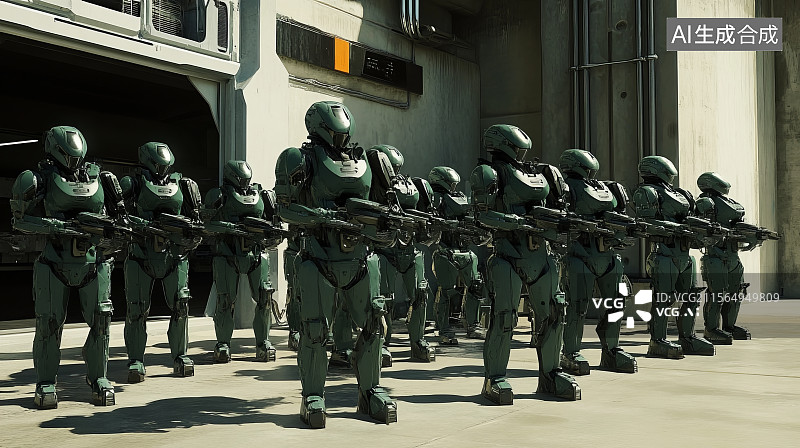 【AI数字艺术】黑色战斗机器人军团列队执行防御任务图片素材