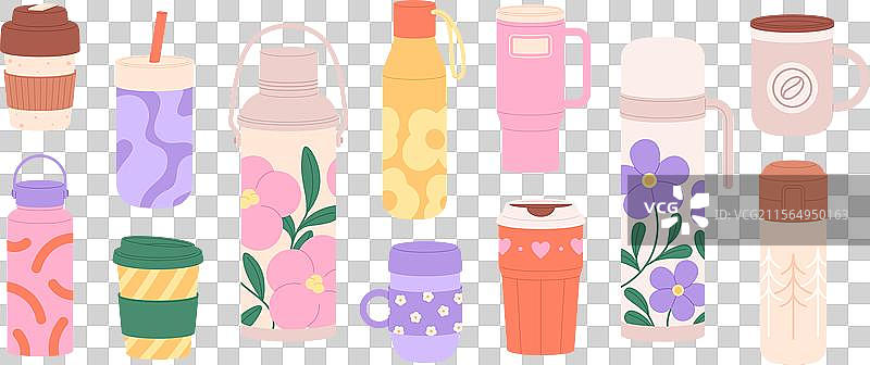 可重复使用的保温杯、热水瓶和旅行杯图片素材