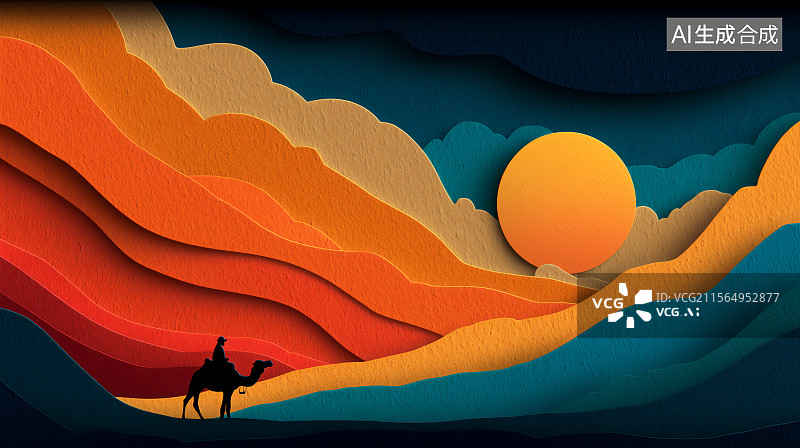 【AI数字艺术】3D卡通太阳下的沙漠和骆驼剪影图片素材