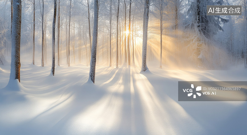 【AI数字艺术】冬日雪林阳光洒地景象图片素材