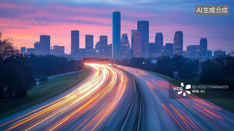 【AI数字艺术】城市高速路黄昏车流与天际线图片素材