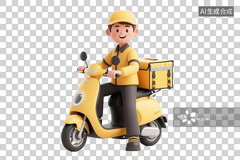【AI数字艺术】黄色制服外卖小哥骑电瓶车全身像，3D三维图形免抠元素图片素材