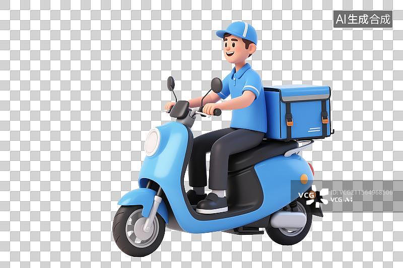 【AI数字艺术】蓝色制服外卖小哥骑电瓶车全身像，3D三维图形免抠元素图片素材
