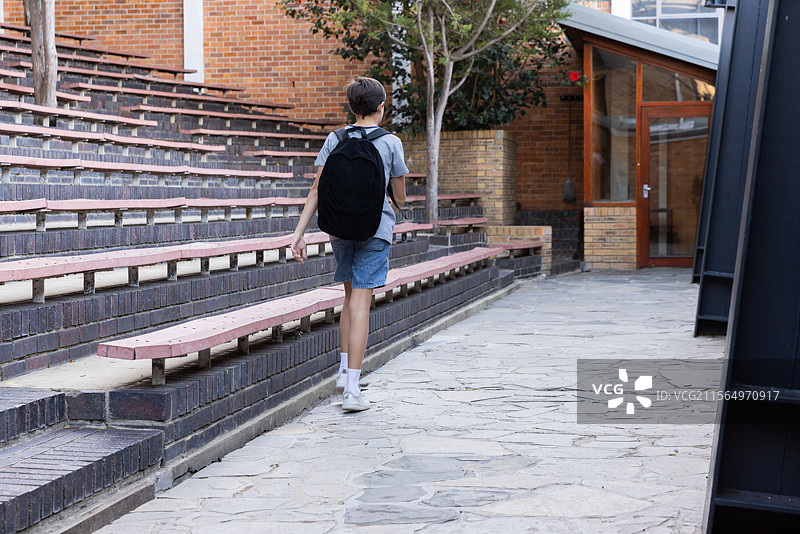 背着书包的男孩在院子里走向学校大楼，留有空白空间图片素材