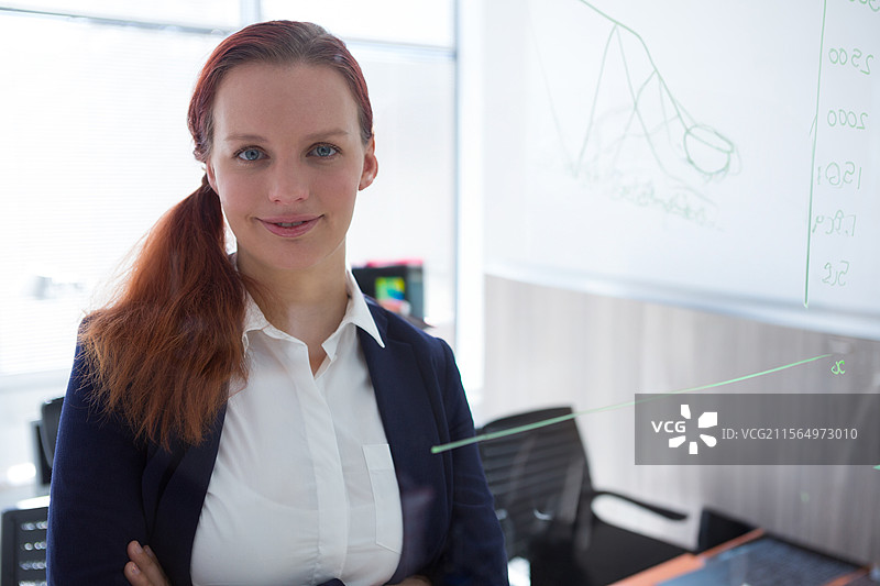 女性在会议室的玻璃白板后展示，背景有绿色图表，留有空白空间图片素材