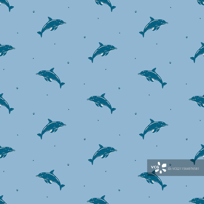 复古蓝色海豚在浅蓝色海洋图案上图片素材