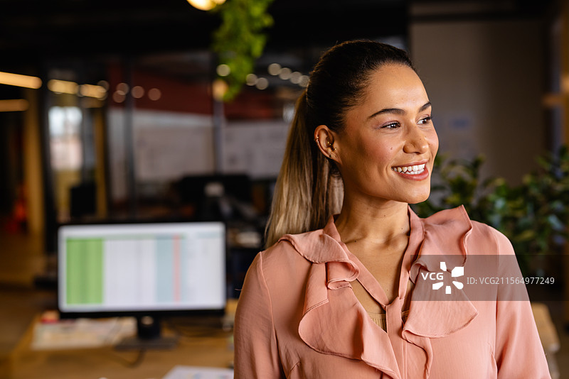 微笑的职业女性在开放式办公室中注视着电子表格显示器，留有空白空间图片素材