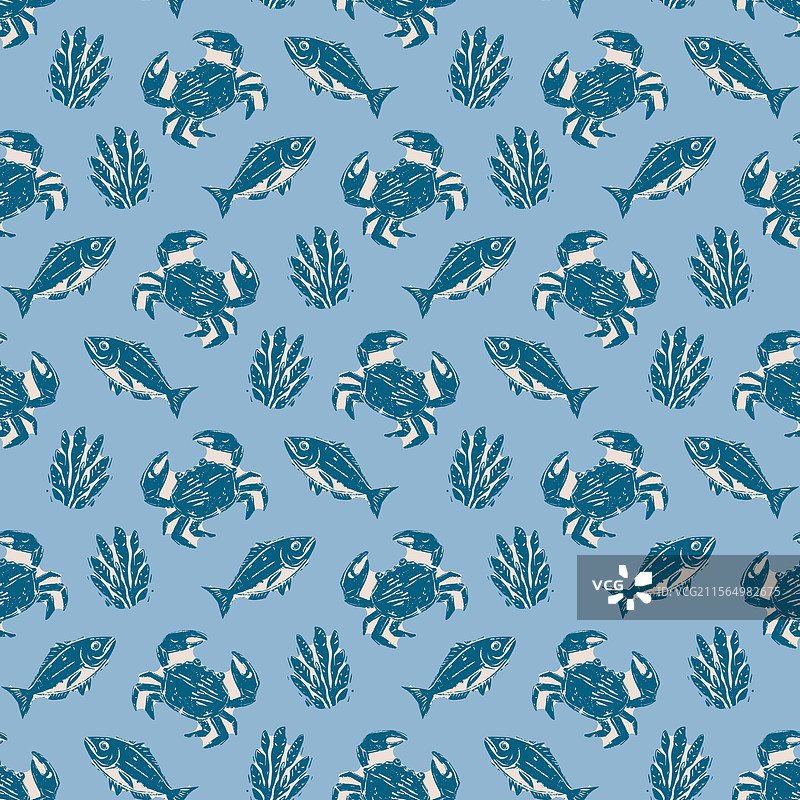 复古蓝色螃蟹、鱼和海藻在蓝色背景上图片素材