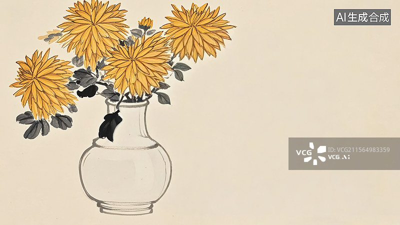 【AI数字艺术】水墨画居左-花瓶中的黄色菊花图片素材