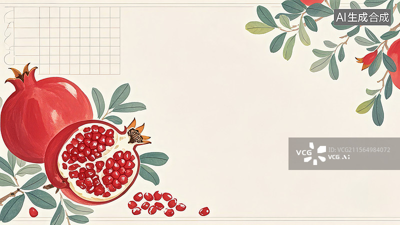 【AI数字艺术】水墨画两侧1手绘石榴与绿叶图片素材
