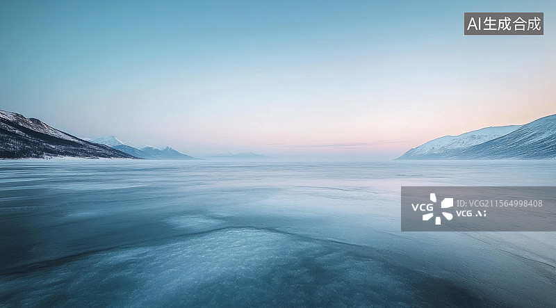 【AI数字艺术】冰冻湖面与远山的宁静景色图片素材