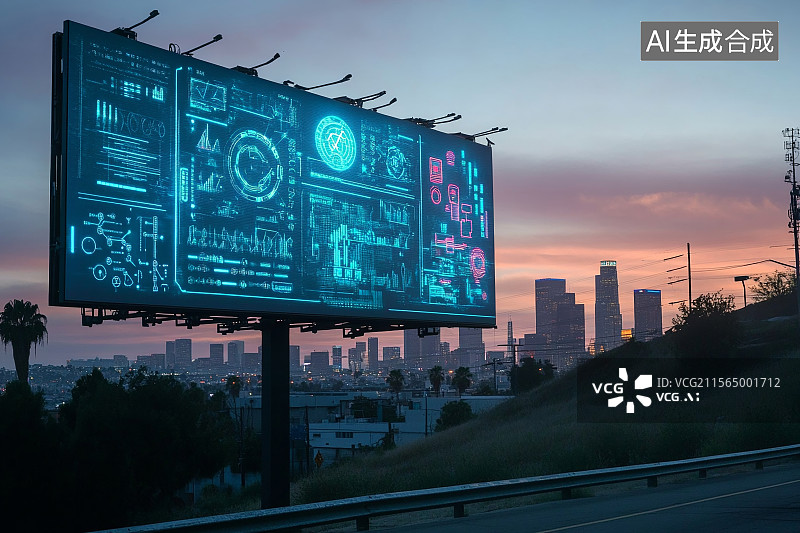 【AI数字艺术】一个城市广告牌在夜晚被灯光照亮，背景是现代城市街景图片素材