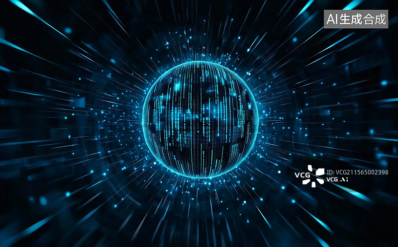 【AI数字艺术】3D粒子球体与射线互联网科技大数据背景图片素材