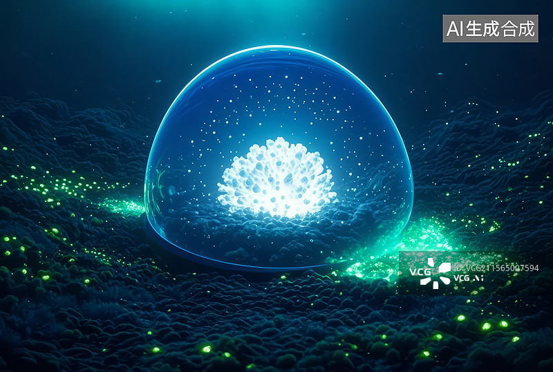 【AI数字艺术】发光球体在深海中的景象图片素材