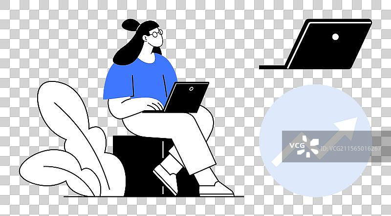 坐在立方体上的女性使用笔记本电脑（等距视图）图片素材