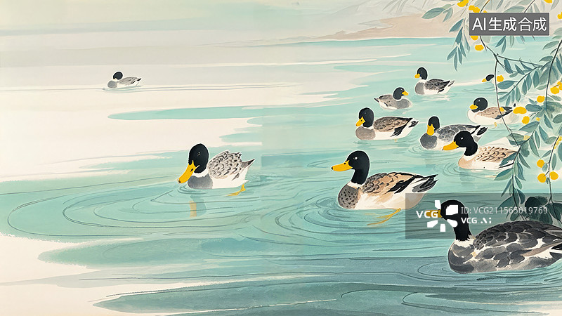 【AI数字艺术】湖中游弋的鸭群图片素材