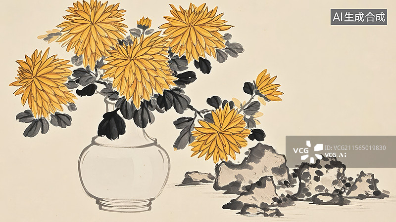 【AI数字艺术】菊花与奇石图片素材