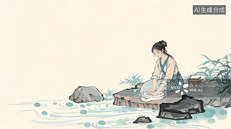 【AI数字艺术】水墨画右下1古代女子在河边洗衣图片素材