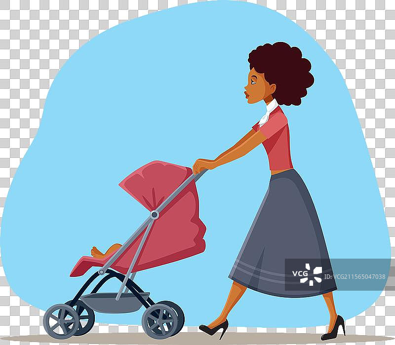 快乐的非洲妈妈推着婴儿车的卡通形象图片素材