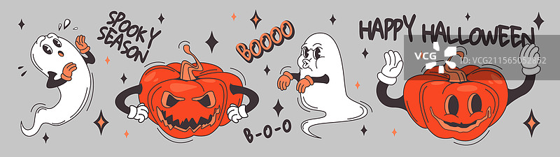 时髦的万圣节鬼魂与南瓜组合图片素材
