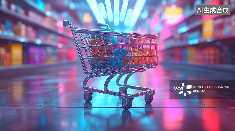 【AI数字艺术】购物车在霓虹灯下的超市过道图片素材