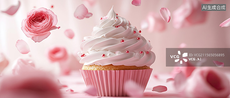 【AI数字艺术】小蛋糕和粉色花图片素材