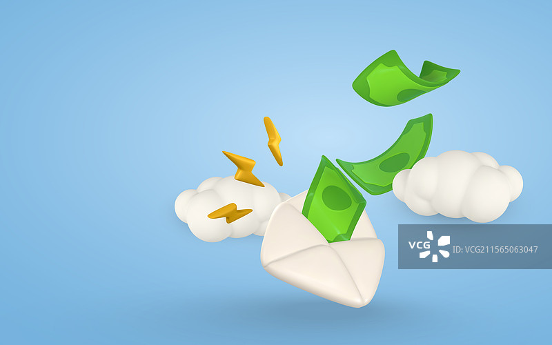 3D打开的信封里有绿色钞票云图片素材