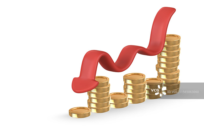 3D金币堆叠与红色向下箭头图片素材
