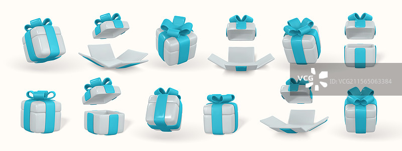 带蓝色蝴蝶结的3D礼品盒，塑料盒子带阴影图片素材