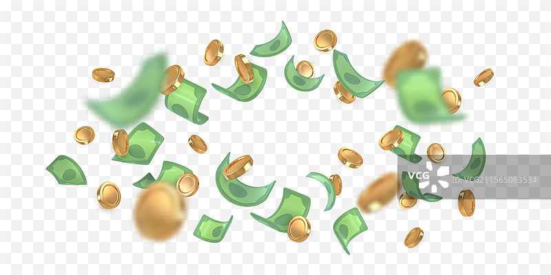 3D美元钞票和金币下落，象征金融。图片素材