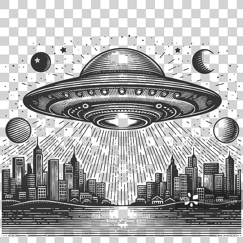 夜晚城市景观上的飞碟雕刻图片素材