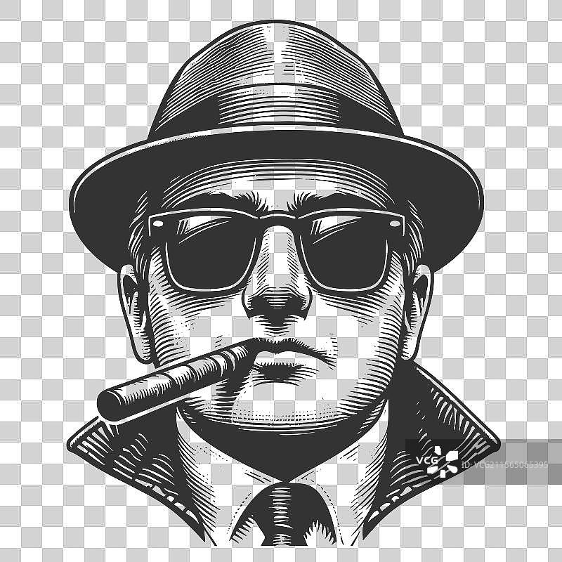 戴着帽子和雪茄的黑色帮派人物雕刻图案图片素材