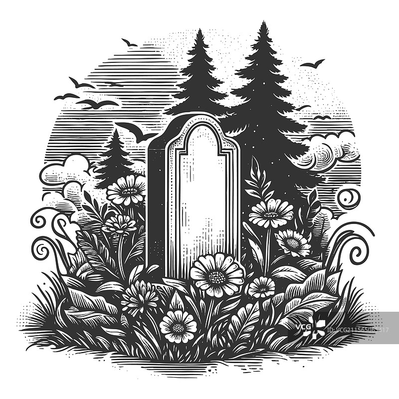 带有十字架和花卉雕刻的墓碑图片素材