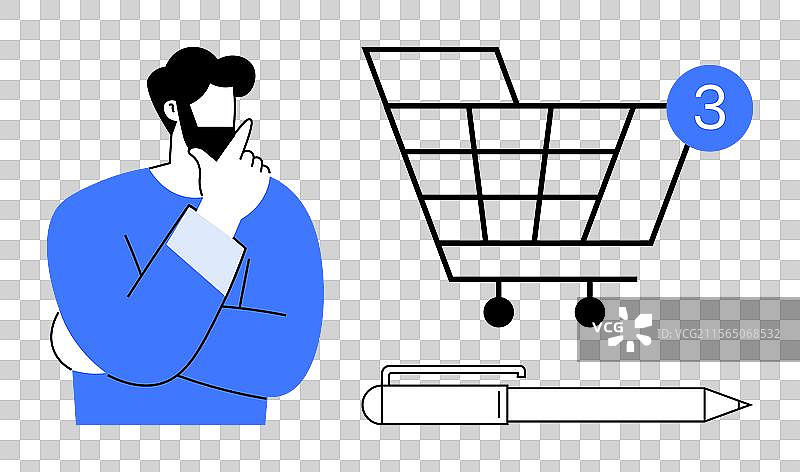 思考的男人与购物车、笔和图片素材