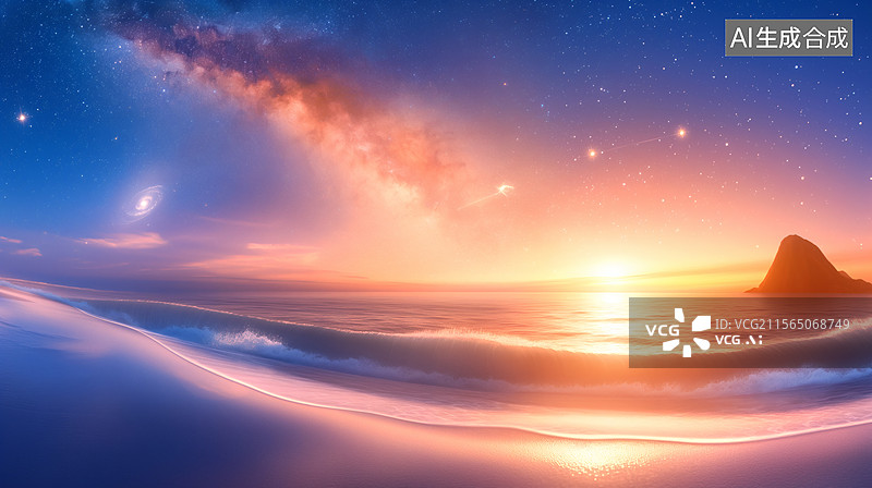 【AI数字艺术】梦幻星空下的海滩日落图片素材