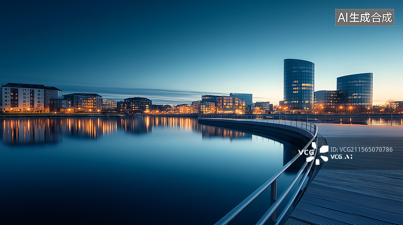 【AI数字艺术】傍晚宁静的城市水景图片素材