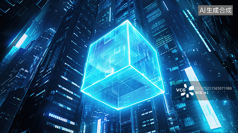 【AI数字艺术】未来科技风城市高楼背景下的蓝色发光能量方块图片素材