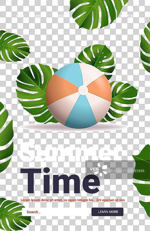 热带叶子上的沙滩球，黄色背景图片素材