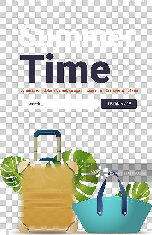 夏季旅行行李箱与热带叶子沙滩包图片素材