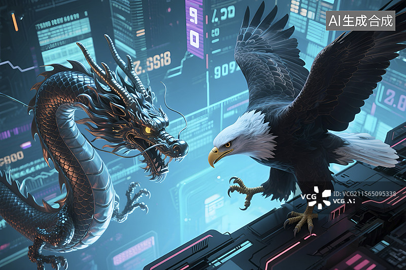 【AI数字艺术】龙与鹰对峙于海上 插画图片素材