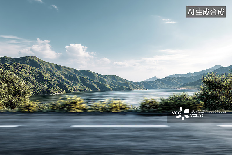 【AI数字艺术】湖边的高速公路汽车广告背景图图片素材